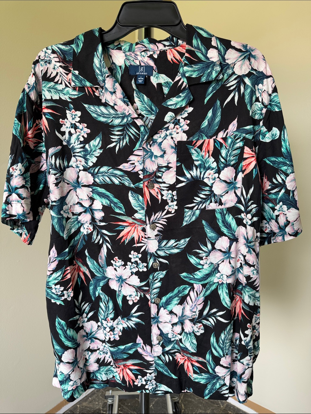 Nwt George Black Tropical Floral Hawaiian Shirt Size Large